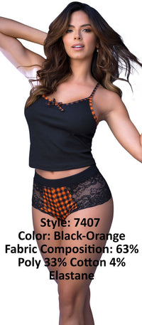 Mapale 7407 Ensemble de pyjama en deux pièces. Haut et short couleur noir-orange